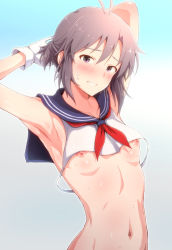Rule 34 | 1girl, armpits, arms behind head, black eyes, black hair, blue sailor collar, breasts, collarbone, commentary request, gloves, hair between eyes, idolmaster, idolmaster (classic), kikuchi makoto, looking at viewer, multicolored background, navel, nipples, red neckwear, sailor collar, short hair, small breasts, smile, solo, sweat, tengu (tetuo kun), white gloves