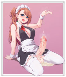 Rule 34 | 1girl, apron, arm support, arm up, black dress, blue eyes, blush, border, breasts, brown hair, censored, cleavage cutout, clothing cutout, cum, cum on clothes, cum on penis, cum pool, cumdrip, dress, earrings, full-package futanari, futanari, garter straps, highres, huge penis, jewelry, kujya, large breasts, leaning back, long hair, looking at viewer, maid, maid headdress, mosaic censoring, nose blush, open mouth, original, penis, pink background, seiza, shiny skin, sitting, smile, solo, testicles, thighhighs, tongue, waist apron, white apron, white headwear, white thighhighs