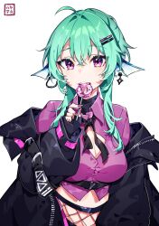 Rule 34 | 1girl, absurdres, ahoge, black bow, black gloves, black jacket, bow, breasts, candy, cleavage, cleavage cutout, clothing cutout, collared shirt, dress shirt, fin piercing, finana ryugu, finana ryugu (3rd costume), fingerless gloves, fins, fishnets, food, gloves, green hair, hair between eyes, hair bow, hair intakes, hair ornament, hairclip, hayate fish, head fins, highres, holding, holding candy, holding food, holding lollipop, jacket, lollipop, long hair, long sleeves, looking at viewer, medium breasts, nijisanji, nijisanji en, off shoulder, open clothes, open jacket, puffy long sleeves, puffy sleeves, purple eyes, purple shirt, shirt, simple background, sleeves past wrists, solo, virtual youtuber, white background