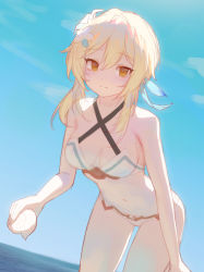 Rule 34 | 1girl, absurdres, adapted costume, bare arms, bare shoulders, bikini, blonde hair, breasts, charles (106858), criss-cross halter, flower, genshin impact, hair between eyes, hair flower, hair ornament, halterneck, halterneck, highres, holding, leaning forward, looking at viewer, lumine (genshin impact), navel, orange eyes, shell, short hair with long locks, small breasts, smile, solo, stomach, swimsuit, thighs, unfinished, white bikini