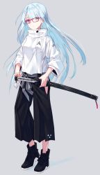 Rule 34 | 1girl, black footwear, black pants, blue hair, glasses, grey background, hand on weapon, high collar, highres, hip vent, holding, holding sword, holding weapon, jacket, japanese clothes, katana, light blue hair, long hair, looking at viewer, multicolored eyes, nagishiro mito, original, pants, scabbard, sheath, simple background, solo, standing, sword, weapon, white jacket