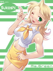 Rule 34 | 1girl, blonde hair, blush, breasts, green eyes, hand on own hip, highres, large breasts, long hair, navel, open mouth, pop&#039;n pastel, simple background, solo, wink