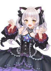 Rule 34 | 1girl, :3, :d, absurdres, animal ears, bare shoulders, black dress, black sleeves, blunt bangs, blush, bow, brooch, cat ears, cat girl, cat tail, center frills, chain print, choker, cowboy shot, criss-cross halter, detached sleeves, dress, dress bow, fang, flat chest, frilled choker, frilled dress, frilled ribbon, frills, gothic lolita, hair ribbon, halter dress, halterneck, highres, hololive, jewelry, jiu fanglianhua, juliet sleeves, layered dress, lolita fashion, long hair, long sleeves, looking at viewer, murasaki shion, murasaki shion (gothic lolita), open mouth, paw pose, pinstripe dress, pinstripe pattern, puffy sleeves, ribbon, short eyebrows, sidelocks, silver hair, simple background, skin fang, sleeveless, sleeveless dress, smile, solo, star (symbol), striped, tail, tail bow, tail ornament, twintails, virtual youtuber, w arms, white background, wide sleeves, yellow eyes