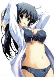 Rule 34 | 1girl, absurdres, blue eyes, blue hair, bra, breasts, cleavage, highres, large breasts, long hair, looking at viewer, mouth hold, navel, open clothes, open shirt, scan, shirt, simple background, smile, solo, tomose shunsaku, underwear, white background, white shirt