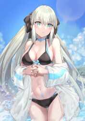Rule 34 | 1girl, absurdres, bare shoulders, bikini, black bikini, black bow, blue bikini, blue bow, blue choker, blue eyes, blue sky, bow, bow bikini, braid, breasts, choker, cleavage, closed mouth, cloud, cowboy shot, crown braid, day, fate/grand order, fate (series), grey hair, hair between eyes, hair bow, halterneck, highres, interlocked fingers, jacket, large bow, lens flare, light blush, long hair, looking away, medium breasts, morgan le fay (fate), multicolored bikini, multicolored clothes, nail polish, navel, off-shoulder jacket, off shoulder, open clothes, open jacket, outdoors, own hands together, see-through, see-through jacket, sidelocks, sky, solo, standing, stomach, string bikini, swimsuit, tattoo, tem (tempainting1), thigh gap, very long hair, water, water drop, wavy mouth, white jacket, wide sleeves