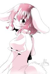 Rule 34 | 1girl, ;3, animal ears, black hair, blush, commentary, hair between eyes, heart, highres, inaba tewi, looking at viewer, mana (gooney), monochrome, one eye closed, puffy short sleeves, puffy sleeves, rabbit ears, rabbit girl, rabbit tail, short hair, short sleeves, signature, simple background, sketch, solo, tail, touhou, white background