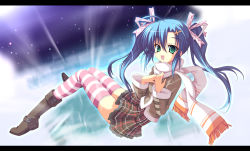 Rule 34 | 1girl, :d, aqua eyes, blue hair, boots, brown footwear, cross hair ornament, hair ornament, hair ribbon, hairclip, hayakawa harui, legs, letterboxed, long hair, looking at viewer, open mouth, plaid, plaid skirt, ribbon, scarf, skirt, smile, solo, striped clothes, striped thighhighs, thighhighs, twintails, zettai ryouiki