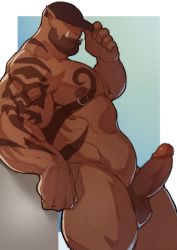 Rule 34 | 1boy, abs, arm tattoo, bald, bara, baseball cap, beard, censored, chest tattoo, completely nude, dark skin, erection, facial hair, fangs, feet out of frame, from side, garrosh hellscream, hat, highres, large pectorals, male focus, mature male, monster boy, mosaic censoring, muscular, muscular male, navel, nipple piercing, nipple rings, nipples, nose piercing, nose ring, nude, orc, pectorals, penis, piercing, pointy ears, ryker, solo, stomach, stubble, tattoo, thick thighs, thighs, warcraft, world of warcraft