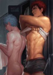 Rule 34 | 2boys, abs, arms up, ass, blue hair, boxer briefs, bulge, changing clothes, dark-skinned male, dark skin, gif artifacts, holding, jpeg artifacts, kagami taiga, kuroko no basuke, kuroko tetsuya, locker, locker room, lossy-lossless, male focus, male underwear, mouth hold, multiple boys, muscular, navel, nipples, nude, out-of-frame censoring, penguin frontier, penis, penis peek, realistic, red eyes, red hair, shirt, sunlight, sweat, t-shirt, toned, towel, underwear, undressing