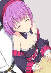 Rule 34 | 1boy, 1girl, bare shoulders, belt, blush, book, breasts, commentary request, detached sleeves, fate/grand order, fate (series), from above, fujimaru ritsuka (male), hat, helena blavatsky (fate), itose ikuto, open mouth, purple hair, short hair, sleeping, small breasts, strapless