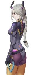 Rule 34 | 1girl, amayo thranana, ass, bodysuit, braid, breasts, collar, colored skin, grey hair, grey skin, hair over one eye, highres, long hair, looking back, metal collar, red eyes, segiri (xenoblade), small breasts, white background, xenoblade chronicles (series), xenoblade chronicles 3