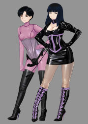 Rule 34 | 2girls, bdsm, black hair, blue eyes, boots, breasts, brown eyes, choker, contrapposto, corset, covered erect nipples, dildo, dress, gloves, hand on own hip, high heel boots, high heels, highres, komii, latex, latex dress, latex gloves, latex suit, leaning forward, long hair, medium breasts, miniskirt, multiple girls, nipples, riding crop, see-through, sex toy, short hair, simple background, skin tight, skirt, small breasts, standing, strap-on, thigh boots, thighhighs