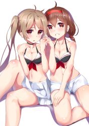 Rule 34 | 10s, 2girls, ahoge, bikini, bikini top only, blush, breasts, brown hair, choker, hairband, henet hene, holding hands, kantai collection, long hair, looking at viewer, multiple girls, murasame (kancolle), navel, red eyes, red hairband, shiratsuyu (kancolle), short hair, shorts, simple background, sitting, skirt, swimsuit, twintails, white background