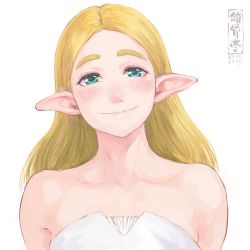 Rule 34 | 1girl, artist logo, bare shoulders, blonde hair, blue eyes, blush, closed mouth, collarbone, dress, elf, head tilt, long hair, looking at viewer, original, parted bangs, pointy ears, shu-mai, simple background, smile, solo, strapless, strapless dress, upper body, white background, white dress