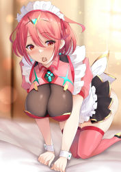 Rule 34 | 1girl, adapted costume, all fours, apron, bed sheet, blush, breasts, candy, chest jewel, chocolate, chocolate heart, cleavage, commentary request, daive, earrings, food, food in mouth, frills, gem, heart, highres, jewelry, large breasts, lens flare, maid, maid apron, maid headdress, mouth hold, pink thighhighs, pyra (xenoblade), red eyes, red hair, red thighhighs, see-through, see-through cleavage, short hair, skindentation, swept bangs, thighhighs, tiara, valentine, wrist cuffs, xenoblade chronicles (series), xenoblade chronicles 2
