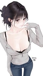 Rule 34 | 1girl, artist name, black bra, black hair, blush, bra, breasts, cleavage, collarbone, denim, folded ponytail, hair over one eye, highres, hitomi o, jeans, light smile, long sleeves, looking at viewer, medium breasts, mole, mole under mouth, original, pants, ribbed shirt, shirt, simple background, sleeves past wrists, underwear, white background