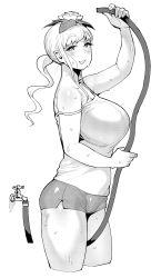 Rule 34 | 1girl, alraune, arm up, bad id, bad tumblr id, bare shoulders, blush, breasts, camisole, cowboy shot, cropped legs, elf-san wa yaserarenai., eyebrows, flower, from side, greyscale, hair flower, hair ornament, highres, holding, holding hose, hose, huge breasts, kusahanada (elf-san wa yaserarenai.), long hair, looking at viewer, looking to the side, monochrome, monster girl, plant girl, pointy ears, ponytail, raised eyebrows, short shorts, shorts, sidelocks, simple background, smile, solo, strap slip, sweat, synecdoche, thighs, white background