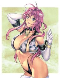 Rule 34 | 1girl, animal ears, animal print, bell, neck bell, bikini, blush, breasts, cleavage, collar, cow ears, cow girl, cow print, elbow gloves, gloves, highleg, highleg bikini, highleg swimsuit, homare (fool&#039;s art), large breasts, long hair, looking at viewer, navel, open mouth, original, pink hair, solo, swimsuit
