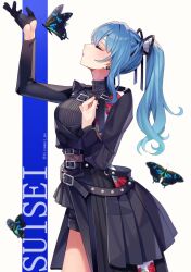 Rule 34 | 1girl, arm up, belt, black belt, black gloves, black nails, black shirt, black shorts, black skirt, blue hair, bug, butterfly, character name, closed eyes, ear piercing, floral print, gloves, hair ribbon, half gloves, high ponytail, highres, hololive, hoshimachi suisei, hoshimachi suisei (shout in crisis), insect, kozu (bloomme1 me), long hair, official alternate costume, official alternate hairstyle, piercing, ribbon, rose print, shirt, shorts, single half glove, skirt, solo, virtual youtuber