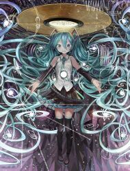 Rule 34 | 1girl, absurdly long hair, absurdres, aqua eyes, aqua hair, aqua necktie, beckoning, black skirt, black sleeves, blush, boots, collared shirt, commentary, detached sleeves, english text, floating, glowing, hair between eyes, hair ornament, hatsune miku, hatsune miku (vocaloid4), headphones, highres, long bangs, long hair, microa, microphone, miku day, necktie, number tattoo, open mouth, outstretched arms, pleated skirt, record, shirt, skirt, sleeveless, sleeveless shirt, smile, solo, spread arms, star (symbol), starry background, tattoo, thigh boots, twintails, v4x, very long hair, vocaloid, vortex, voyager golden record, white shirt
