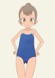 Rule 34 | 1girl, bare arms, bare legs, bare shoulders, blush, brown hair, child, closed mouth, collarbone, female focus, flat chest, full body, gluteal fold, highres, looking at viewer, looking down, one-piece swimsuit, original, simple background, smile, solo, swimsuit, tan, thigh gap, tomboo