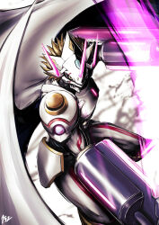 Rule 34 | 152 in can, arm blade, arm cannon, armor, artist logo, blonde hair, colored skin, commentary request, covered mouth, digimon, digimon ghost game, dragon, full armor, glowing, glowing horns, glowing sword, glowing weapon, highres, horns, looking at viewer, no humans, short hair, siriusmon, spiked hair, spread wings, swing, sword, weapon, white skin, wings, yellow eyes