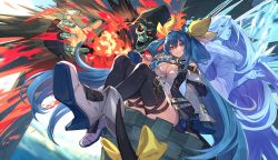 Rule 34 | 1girl, angel wings, arc system works, arm support, asymmetrical wings, bare shoulders, belt, black thighhighs, blue hair, blue sky, breasts, casting spell, choker, cleavage, clothing cutout, cloud, cloudy sky, detached collar, detached sleeves, dizzy (guilty gear), eating, fire, fish, food, foreshortening, green eyes, guilty gear, guilty gear xrd, hair between eyes, hair rings, high heels, highres, holding, holding food, ice, large breasts, long hair, looking at viewer, magic, monster girl, necro (guilty gear), pillar, red eyes, ribbon, sidelocks, sitting, sky, smile, tail, tail ornament, tail ribbon, thigh strap, thighhighs, thighs, twintails, uedrk yamato, undine (guilty gear), wings, yellow ribbon