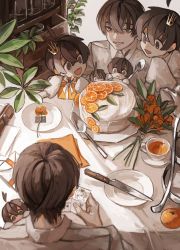 Rule 34 | 6+boys, absurdres, ahoge, birthday, bouquet, brown eyes, brown hair, cake, cake slicer, collared shirt, commentary, crown, cup, cupboard, drawing, facing viewer, fatalbug896, flower, food, from above, from behind, fruit, gift, highres, holding, holding gift, holding spoon, indoors, knife, leaf, long sleeves, looking at another, male focus, mini crown, mini person, miniboy, multiple boys, multiple persona, orange (fruit), orange flower, orange slice, original, plant, shirt, short hair, sleeves past fingers, sleeves past wrists, smile, spoon, table, tea, teacup, white shirt
