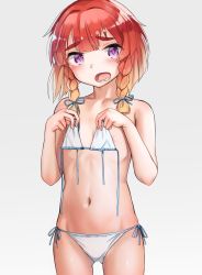 Rule 34 | 1girl, areola slip, bikini, blonde hair, bob cut, braid, clothes in front, collarbone, commentary request, cowboy shot, etorofu (kancolle), flat chest, gluteal fold, gradient hair, grey background, highres, kabayaki namazu, kantai collection, looking at viewer, multicolored hair, navel, purple eyes, red hair, side-tie bikini bottom, side braid, simple background, solo, standing, swimsuit, thick eyebrows, twin braids, untied bikini, white bikini