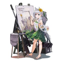 Rule 34 | 1girl, aged down, animal ears, anti-materiel rifle, blush, bolt-action rifle, bolt action, braid, breasts, bullpup, canvas (object), choker, closed mouth, dress, easel, flower, full body, girls&#039; frontline, green dress, green eyes, green hairband, green ribbon, grey hair, gun, hair between eyes, hair flower, hair ornament, hair over shoulder, hair ribbon, hairband, holding, holding paintbrush, ksvk (girls&#039; frontline), ksvk 12.7, long hair, looking at viewer, muzzle device, official alternate costume, official art, paintbrush, painting (action), painting (object), palette (object), pandea work, ponytail, ribbon, rifle, sandals, smile, sniper rifle, solo, standing, sunflower, table, transparent background, very long hair, weapon