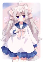 Rule 34 | 1girl, ahoge, animal ear fluff, animal ears, blue sailor collar, blush, bow, brown hair, cat ears, cat girl, cat tail, closed mouth, commentary request, dress, frilled dress, frills, hair ribbon, heart, highres, long hair, long sleeves, looking at viewer, nakkar, original, pink bow, pink ribbon, puffy long sleeves, puffy sleeves, purple eyes, ribbon, sailor collar, sailor dress, sleeves past wrists, solo, tail, twintails, twitter username, very long hair, white dress
