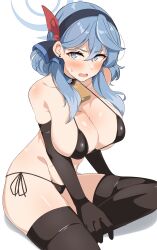 Rule 34 | 1girl, absurdres, ako (blue archive), alternate costume, bare shoulders, bell, bikini, blue archive, blue eyes, blue hair, blush, breasts, collarbone, elbow gloves, gloves, halo, highres, large breasts, long hair, neck bell, open mouth, seihekiog, sideboob, solo, swimsuit, thighhighs, thighs, white background