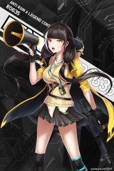 Rule 34 | 1girl, absurdres, black gloves, black hair, black socks, breasts, brown sweater, character name, coat, collared coat, collared shirt, colt 9mm smg, fingerless gloves, floating hair, girls&#039; frontline, gloves, gun, hair ornament, heterochromia, highres, holding, holding megaphone, holding weapon, huge filesize, jacket, knee pads, kneehighs, lanyard, large breasts, long hair, looking at viewer, megaphone, multicolored hair, multiple straps, muzent, name tag, open clothes, open coat, open mouth, orange eyes, pleated skirt, red eyes, ro635 (girls&#039; frontline), shirt, skirt, socks, solo, streaked hair, submachine gun, sweater, sweater vest, thighhighs, trigger discipline, twintails, untucked shirt, weapon, white hair, wind, yellow coat, yellow eyes, yellow shirt