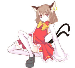 Rule 34 | 1girl, animal ears, bad id, bad pixiv id, bow, brown hair, cat ears, cat girl, cat tail, chen, ear piercing, female focus, frown, multiple tails, no headwear, no headwear, piercing, red eyes, solo, sseopik, tail, thighhighs, touhou, white background, white thighhighs