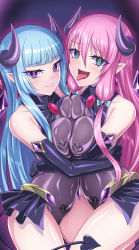 Rule 34 | 2girls, absurdres, asymmetrical docking, aura, bare shoulders, blue hair, blunt bangs, bodysuit, breast press, breasts, breasts squeezed together, closed mouth, commentary, commission, corruption, covered navel, cowboy shot, dark aura, dark persona, demon girl, demon horns, demon tail, detached sleeves, elbow gloves, frilled skirt, frills, gem, gloves, green eyes, hair between eyes, hair ornament, highres, horns, hug, large breasts, latex, latex gloves, long hair, looking at viewer, low twintails, magical girl, medium breasts, mind control, multiple girls, nipple piercing, open mouth, original, piercing, pink hair, pointy ears, purple hair, ribimura, sidelocks, skeb commission, skin tight, skirt, smile, split, symmetrical docking, tail, teeth, thighs, tongue, tongue out, twintails, upper teeth only