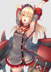 Rule 34 | 1girl, ;o, admiral hipper (azur lane), ahoge, arm behind head, armpit cutout, armpits, arms up, azur lane, bad id, bad pixiv id, black gloves, black thighhighs, blonde hair, blush, buttons, choker, clothing cutout, cowboy shot, cross, double-breasted, dress, gloves, green eyes, grey background, grey dress, hair between eyes, headgear, iron cross, jewelry, kyoeiki, lightning bolt symbol, long hair, looking at viewer, machinery, military, military uniform, one eye closed, open mouth, pendant, short sleeves, simple background, solo, standing, tears, thighhighs, turret, uniform, v-shaped eyebrows, yawning, zettai ryouiki