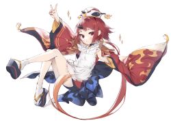 Rule 34 | 1girl, apron, benienma (fate), bird hat, blush, breasts, brown headwear, fate/grand order, fate (series), feather trim, flame print, highres, holding, holding spoon, japanese clothes, kimono, legs, long hair, long sleeves, looking at viewer, low ponytail, parted bangs, platform clogs, platform footwear, red hair, red kimono, sanze (gokiburi kirai), sash, shamoji, simple background, small breasts, socks, sparkle, spoon, v, very long hair, white apron, white background, wide sleeves, wooden spoon