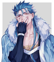 Rule 34 | 1boy, bespectacled, blue hair, bracelet, cape, collarbone, cu chulainn (fate), cu chulainn (caster) (fate), earrings, elbow gloves, fate/grand order, fate (series), fingerless gloves, fur-trimmed hood, fur trim, glasses, gloves, hand on own face, hood, hood down, hooded cape, jewelry, cu chulainn (fate/stay night), long hair, looking at viewer, male focus, multiple piercings, red eyes, simple background, skin tight, solo, spiked hair, x-r5xxxlove