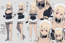 Rule 34 | 1girl, black gloves, blonde hair, breasts, character sheet, dress, gloves, grey background, headband, high heels, large breasts, looking at viewer, maid, maid headdress, medium hair, monochrome background, multiple views, open mouth, original, red eyes, ribbon, shaded face, shirasu uni, short hair, siblings, simple background, skirt, smile, standing, thigh strap, thighs, white ribbon, white skirt