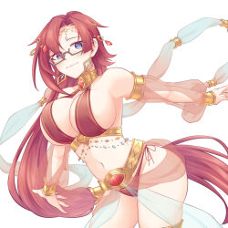 Rule 34 | 1girl, altheavin, blue eyes, breasts, choker, dancer, detached sleeves, earrings, gem, glasses, jewelry, labyrista, large breasts, long hair, looking at viewer, navel, princess connect!, red hair, revealing clothes, see-through, see-through sleeves, semi-rimless eyewear, solo, thighlet, under-rim eyewear, very long hair, white background