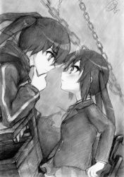 Rule 34 | 00s, 10s, 2girls, bad id, bad pixiv id, black hair, black rock shooter, black rock shooter (character), blush, chain, crossover, eye contact, graphite (medium), greyscale, hand on own chin, highres, k-on!, kisetsu, look-alike, looking at another, monochrome, multiple girls, nakano azusa, school uniform, sketch, stroking own chin, thinking, traditional media, twintails