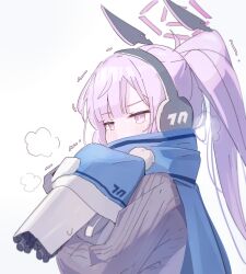 Rule 34 | 1girl, absurdres, blue archive, blue scarf, blush, earmuffs, floating headgear, grey sweater, halo, headgear, highres, long hair, long sleeves, patanda, ponytail, purple eyes, purple hair, purple halo, scarf, simple background, solo, sweater, upper body, utaha (blue archive), white background