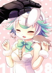 Rule 34 | 1girl, :d, animal ears, between breasts, black gloves, blush, bondrewd, breasts, closed eyes, detached collar, fake animal ears, gloves, green hair, hands up, headpat, leotard, made in abyss, medium breasts, meinya (made in abyss), multicolored hair, on shoulder, open mouth, out of frame, pink background, playboy bunny, polka dot, polka dot background, prushka, rabbit ears, sakurazawa izumi, smile, solo focus, strapless, strapless leotard, sweat, two-tone hair, white hair, white leotard, wrist cuffs
