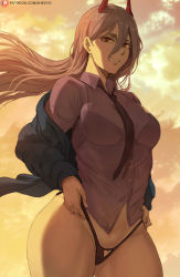 Rule 34 | 1girl, bra visible through clothes, breasts, brown hair, chainsaw man, cross-shaped pupils, grin, highres, horns, huge breasts, jacket, long hair, looking at viewer, necktie, power (chainsaw man), sharp teeth, shexyo, smile, solo, symbol-shaped pupils, teeth, thick thighs, thighs
