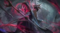 Rule 34 | 1girl, bare shoulders, beard, blindfold, breasts, coven janna, dress, facial hair, facing back, floating, floating object, from behind, highres, janna (league of legends), league of legends, legends of runeterra, long hair, long sleeves, medium breasts, monster, official art, rubble, sharp teeth, solo focus, staff, tattoo, teeth, the thousand-pierced bear, volibear, white hair