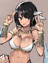 Rule 34 | 1girl, :d, armlet, battery aida ni misu ga deta, bikini, black eyes, black hair, blush, bracelet, braid, breasts, cleavage, double v, earrings, feather hair ornament, feathers, flower, grey background, hair ornament, highleg, highleg bikini, highleg swimsuit, jewelry, large breasts, looking at viewer, lots of jewelry, marnie (sennen sensou aigis), navel, necklace, open mouth, parted bangs, ribbon, sennen sensou aigis, shiny skin, short hair, side braid, simple background, sketch, smile, solo, swimsuit, upper body, v, vambraces, white bikini