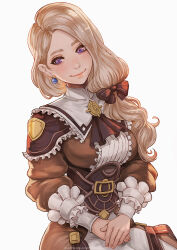 Rule 34 | 1girl, blonde hair, bow, earrings, english text, fire emblem, fire emblem: three houses, fire emblem warriors, frills, hair bow, highres, jewelry, long hair, long sleeves, looking at viewer, magion02, mercedes von martritz, nintendo, purple eyes, simple background, smile, watermark, web address, white background