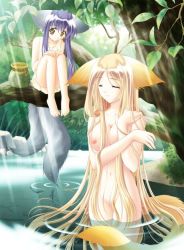 Rule 34 | 2girls, animal, animal ears, barefoot, bathing, blonde hair, blue hair, breasts, cat ears, closed eyes, day, dog ears, dog tail, dress, feet, fish, fox ears, groin, in tree, jar, koma (tail tale), large breasts, leaf, light rays, long hair, louis&amp;visee, multiple girls, multiple tails, nature, nipples, nude, outdoors, sitting, sitting in tree, smile, soro (tail tale), sunbeam, sunlight, tail, tail tale, tree, very long hair, wading, water, yellow eyes, zenra
