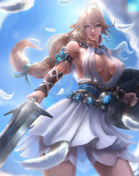 Rule 34 | 1girl, ahoge, armpits, backlighting, blonde hair, blue eyes, breasts, breasts apart, cloud, contrapposto, covered erect nipples, day, earrings, foreshortening, from below, holding, holding sword, holding weapon, jewelry, limgae, long hair, low-tied long hair, namco, no bra, see-through, shield, sky, smile, solo, sophitia alexandra, soul calibur, standing, sword, vambraces, weapon