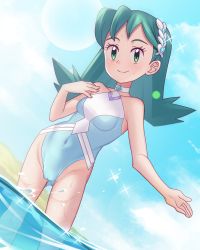 Rule 34 | 1girl, blue one-piece swimsuit, blush, breasts, cameltoe, choker, closed mouth, cloud, commentary request, creatures (company), day, eyelashes, game freak, gazing eye, green eyes, green hair, hand up, highres, kris (pokemon), kris (sygna suit) (pokemon), long hair, nintendo, official alternate costume, one-piece swimsuit, outdoors, pokemon, pokemon masters ex, sky, smile, solo, sparkle, standing, swimsuit, wading, water, white choker